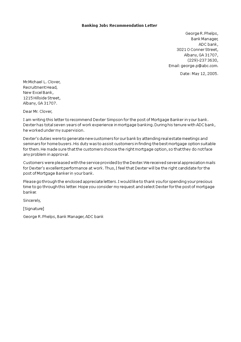 Banking Jobs Recommendation Letter Templates At in sizing 793 X 1122