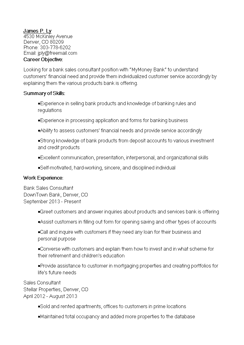 Banking Sales Consultant Resume Templates At inside sizing 793 X 1122
