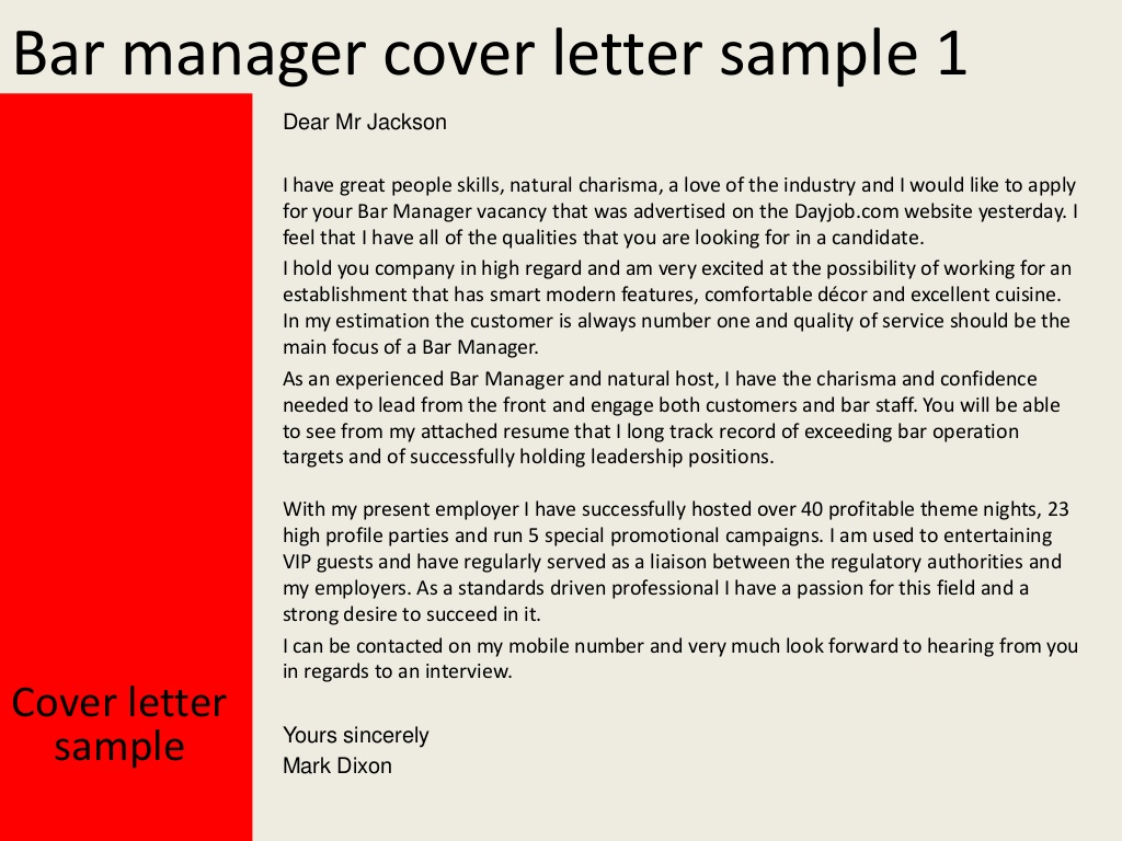 Bar Manager Cover Letter regarding sizing 1024 X 768