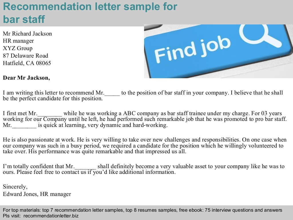 Bar Staff Recommendation Letter pertaining to dimensions 1024 X 768