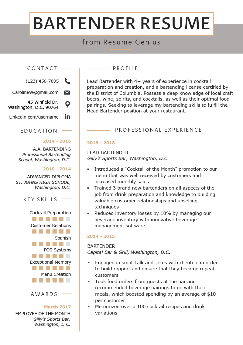 Bartender Resume Example Writing Guide Resume Template inside proportions 800 X 1132