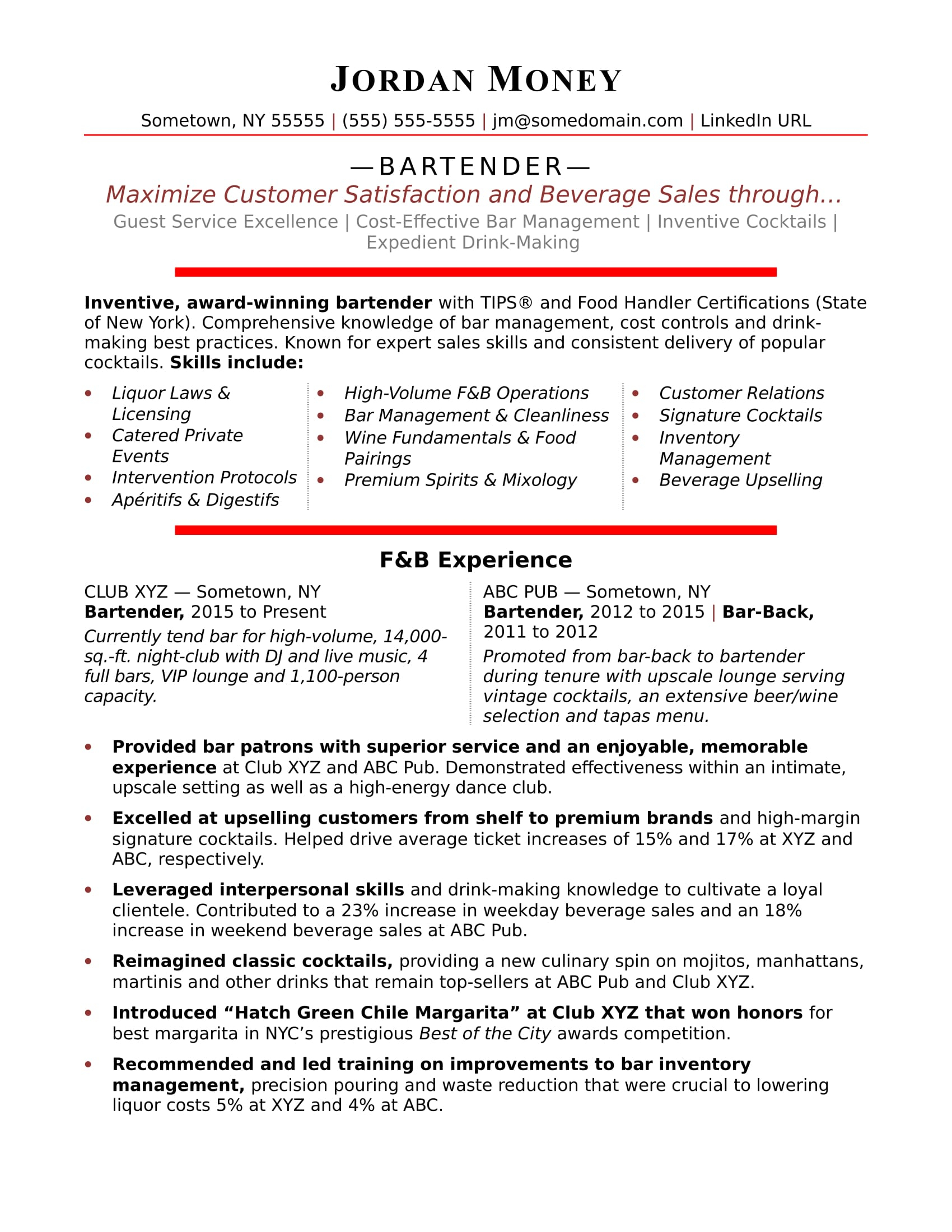 Bartender Resume Sample Monster with regard to dimensions 1700 X 2200