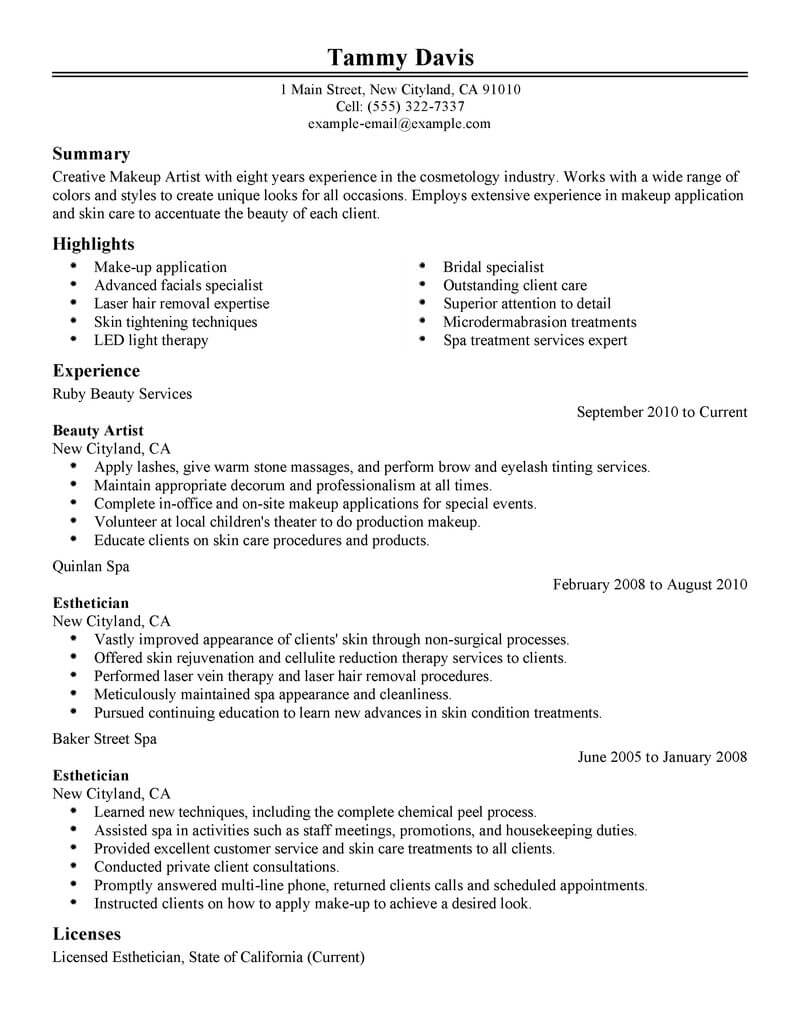 Beauty Artist Resume Sample No Experience Resumes Livecareer regarding measurements 800 X 1035