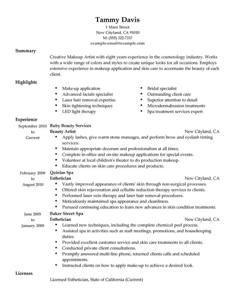 Beauty Artist Resume Sample No Experience Resumes Livecareer with proportions 800 X 1035
