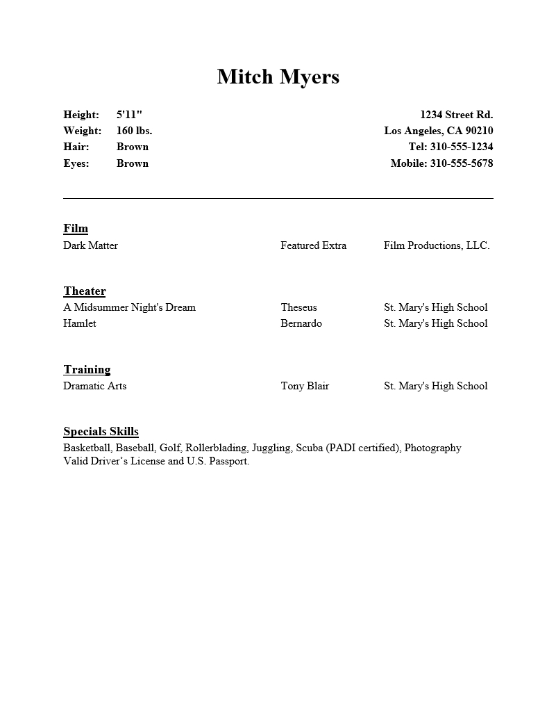 Beginner Acting Resume Resume Templates in size 801 X 1037