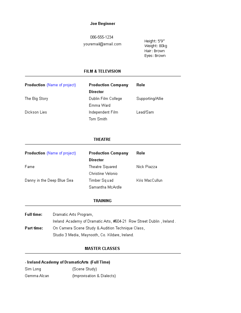 Beginner Acting Resume Template Templates At with regard to proportions 816 X 1056
