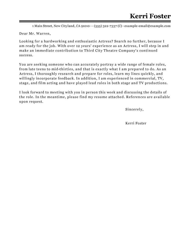 Best Actoractress Cover Letter Examples Livecareer for sizing 800 X 1035