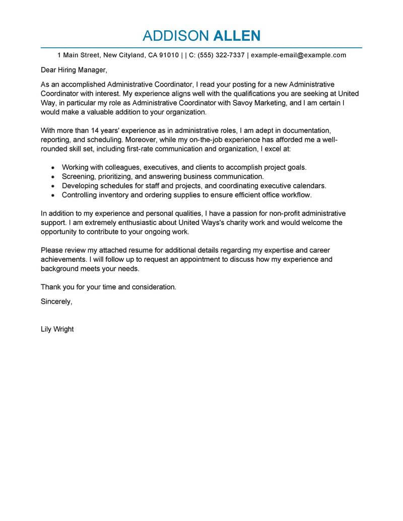 Best Administrative Coordinator Cover Letter Examples for size 800 X 1035