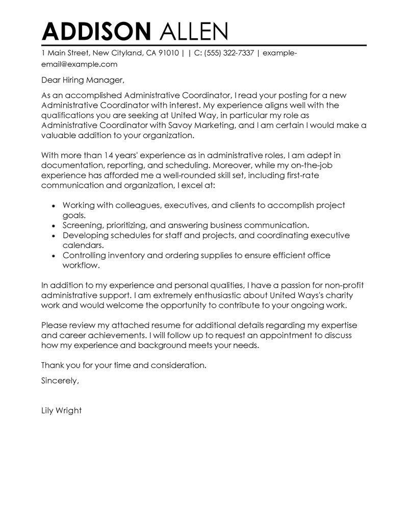 Best Administrative Coordinator Cover Letter Examples pertaining to dimensions 800 X 1035