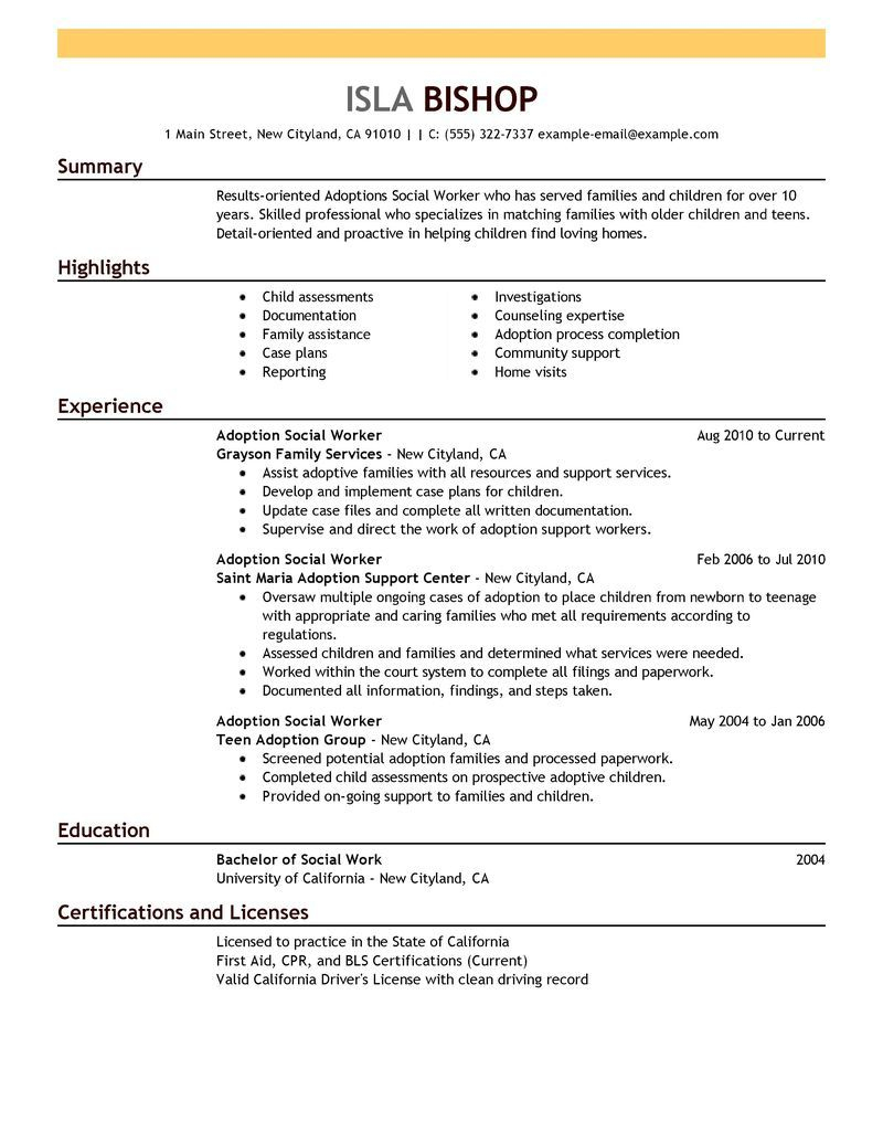 Best Adoptions Social Worker Resume Example Livecareer Game for measurements 800 X 1035