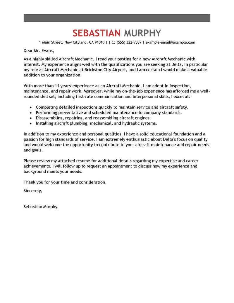 Best Aircraft Mechanic Cover Letter Examples Livecareer for dimensions 800 X 1035