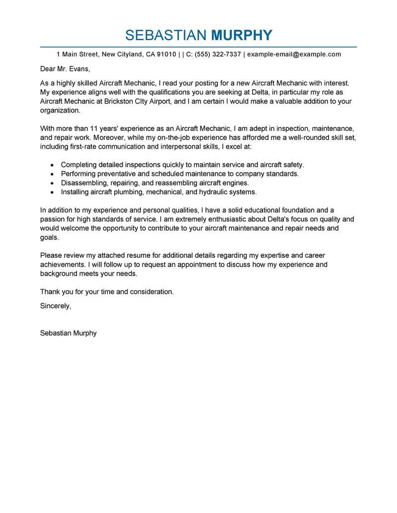 Best Aircraft Mechanic Cover Letter Examples Livecareer for measurements 800 X 1035