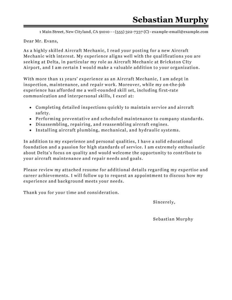 Best Aircraft Mechanic Cover Letter Examples Livecareer in measurements 800 X 1035