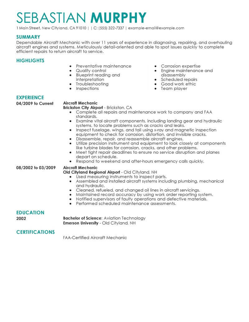 Best Aircraft Mechanic Resume Example Livecareer throughout measurements 800 X 1035