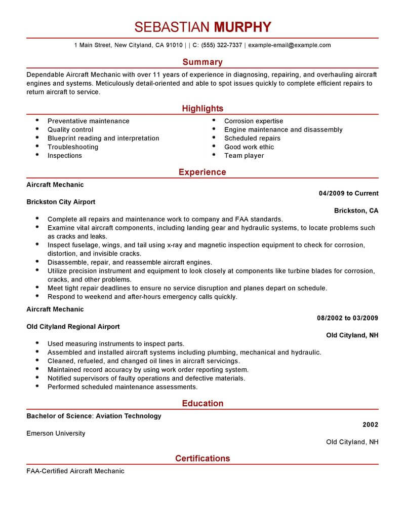 Best Aircraft Mechanic Resume Example Livecareer with size 800 X 1035