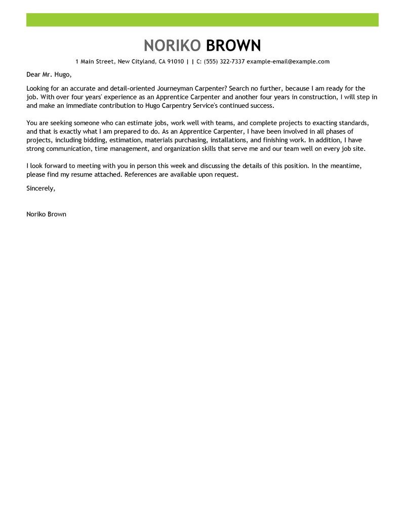 Best Apprentice Carpenter Cover Letter Examples Livecareer intended for dimensions 800 X 1035