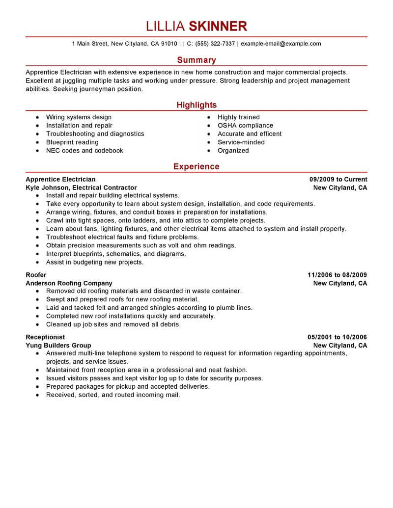 Best Apprentice Electrician Resume Example Livecareer intended for proportions 800 X 1035