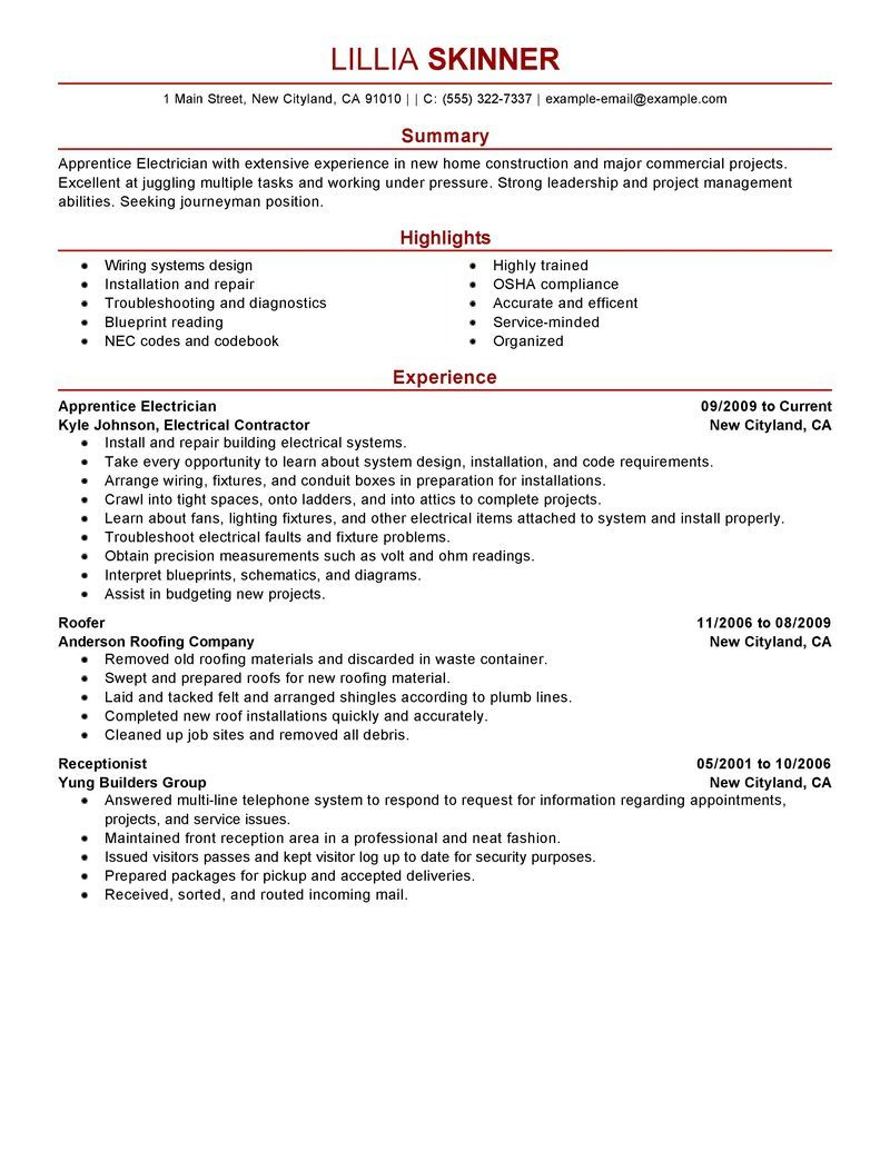 Best Apprentice Electrician Resume Example Livecareer Tips with regard to measurements 800 X 1035