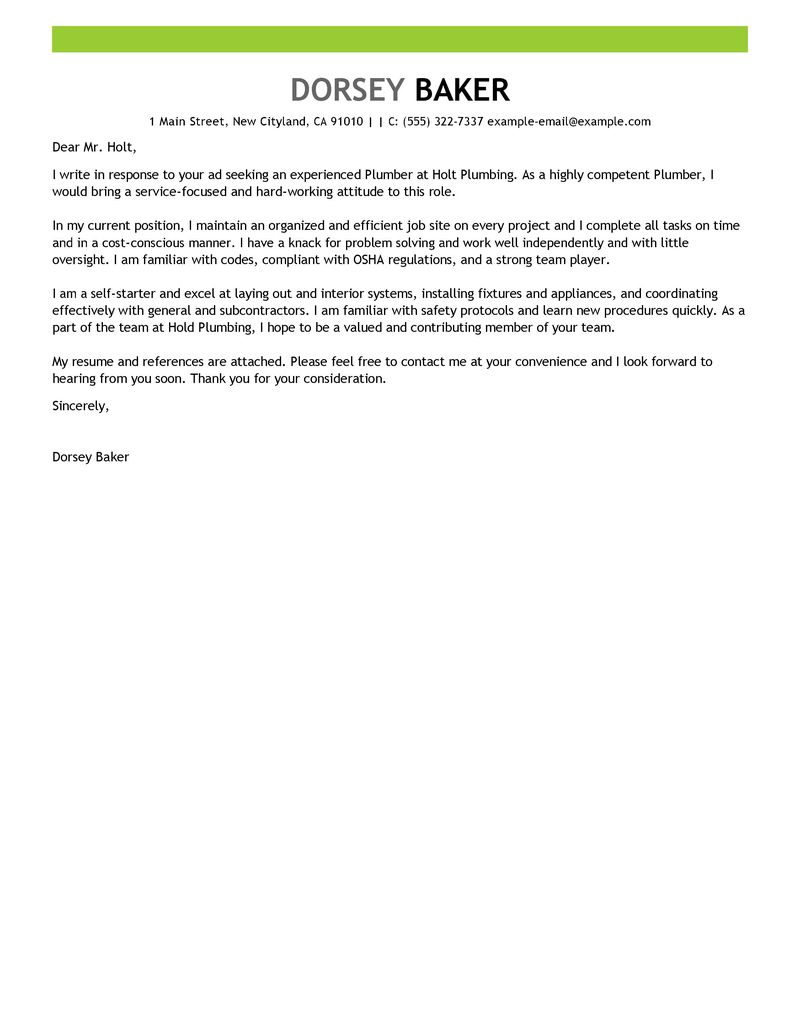 Best Apprentice Plumber Cover Letter Examples Livecareer with dimensions 800 X 1035