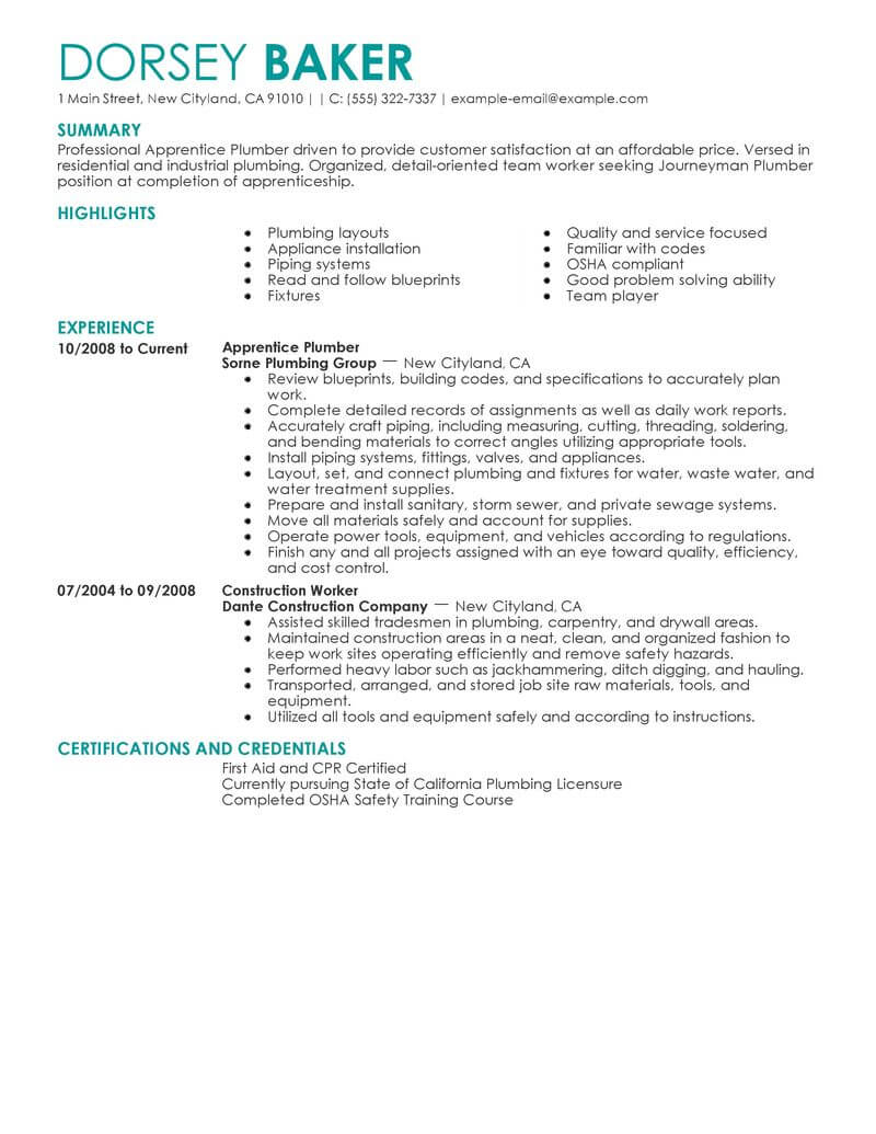 Best Apprentice Plumber Resume Example Livecareer inside measurements 800 X 1035