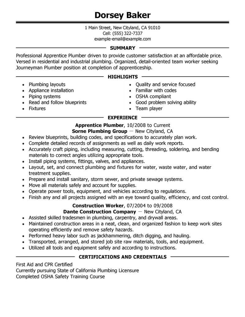 Free Plumber Resume Templates   Best Apprentice Plumber Resume Example Livecareer Pertaining To Measurements 800 X 1035 