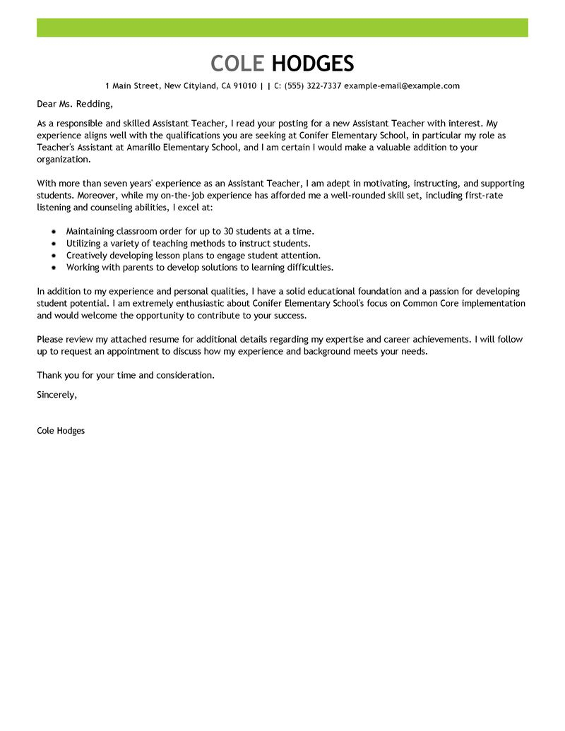 Best Assistant Teacher Cover Letter Examples Livecareer in proportions 800 X 1035