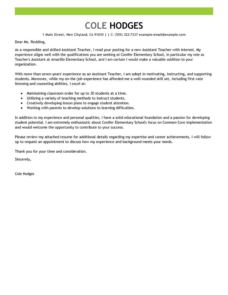 Best Assistant Teacher Cover Letter Examples Livecareer inside sizing 800 X 1035