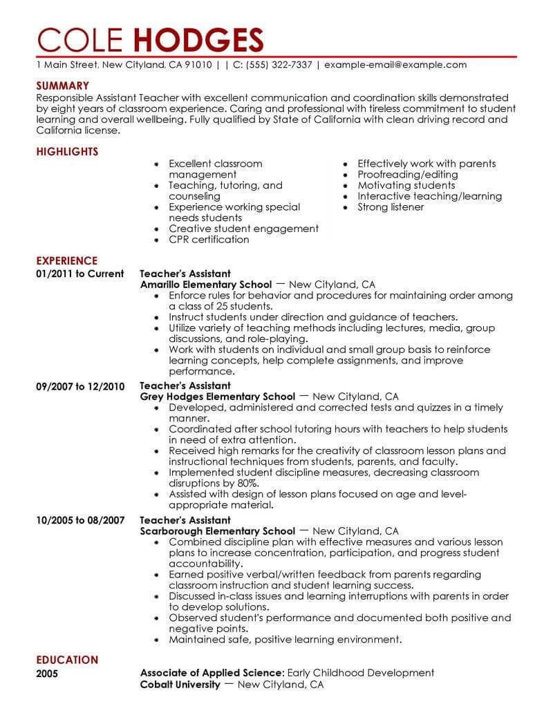 Best Assistant Teacher Resume Example Livecareer throughout size 800 X 1035