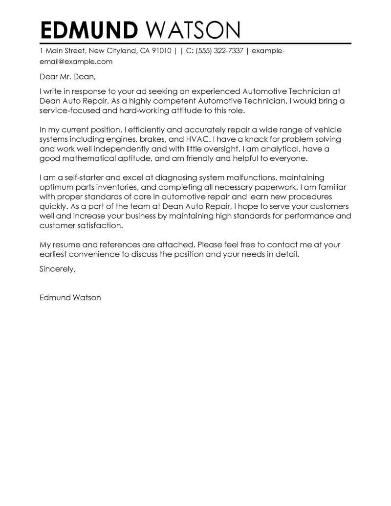 Best Automotive Technician Cover Letter Examples Livecareer for proportions 800 X 1035