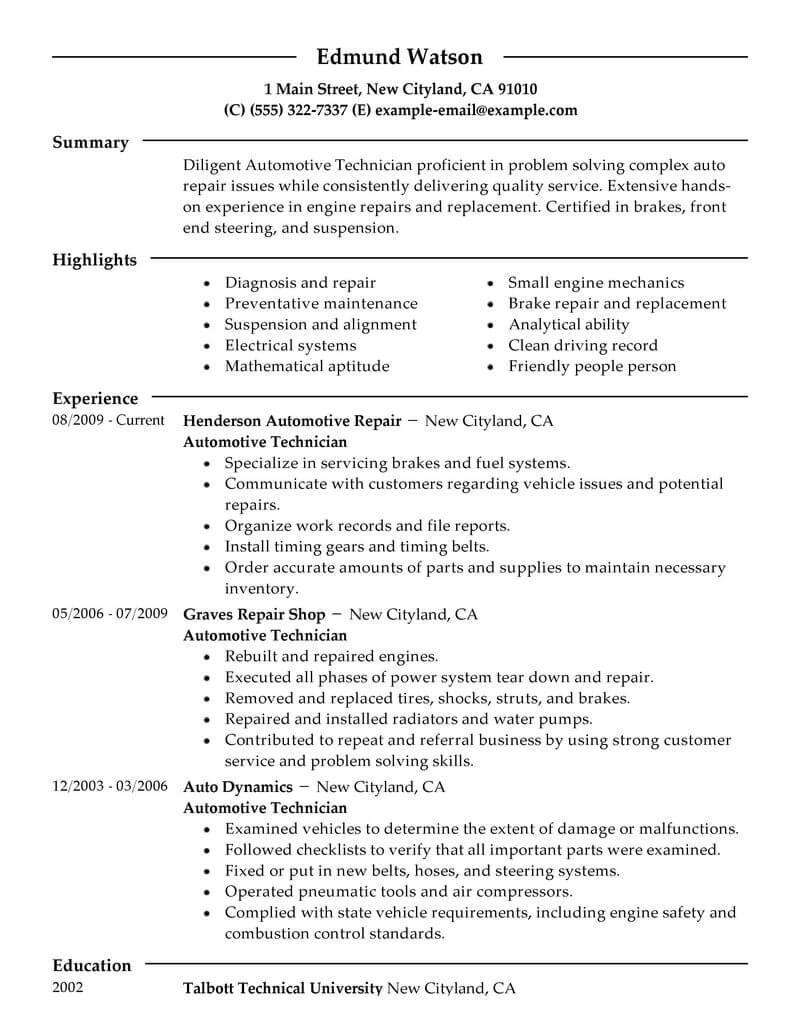 Best Automotive Technician Resume Example Livecareer with measurements 800 X 1035