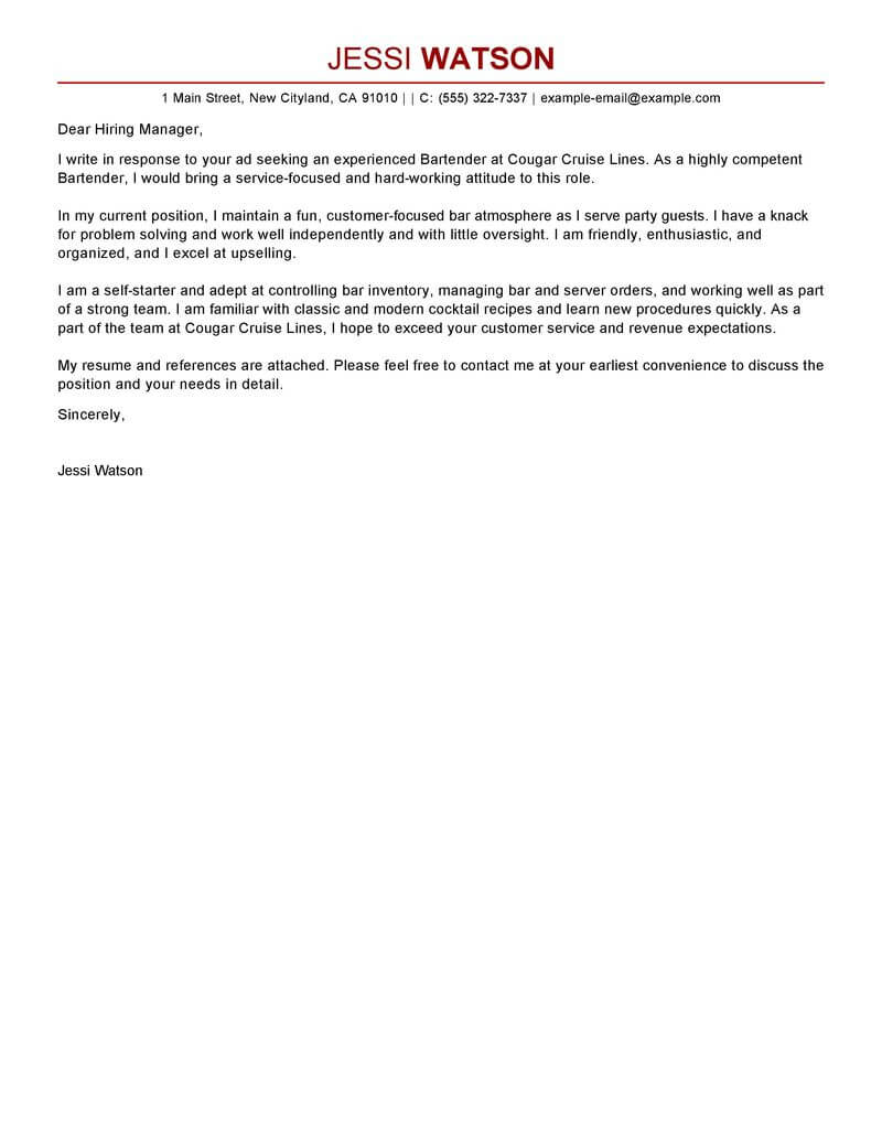 email cover letter for bartender position