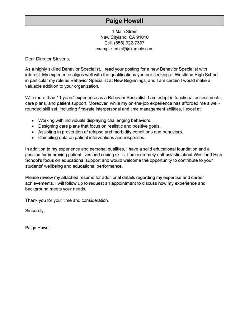 Best Behavior Specialist Cover Letter Examples Livecareer intended for sizing 800 X 1035
