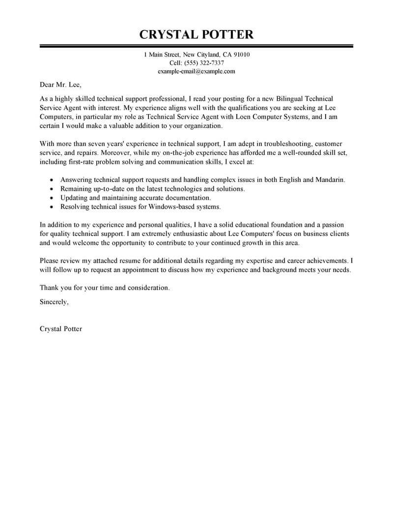 Best Bilingual Technical Service Agent Cover Letter Examples inside dimensions 800 X 1035