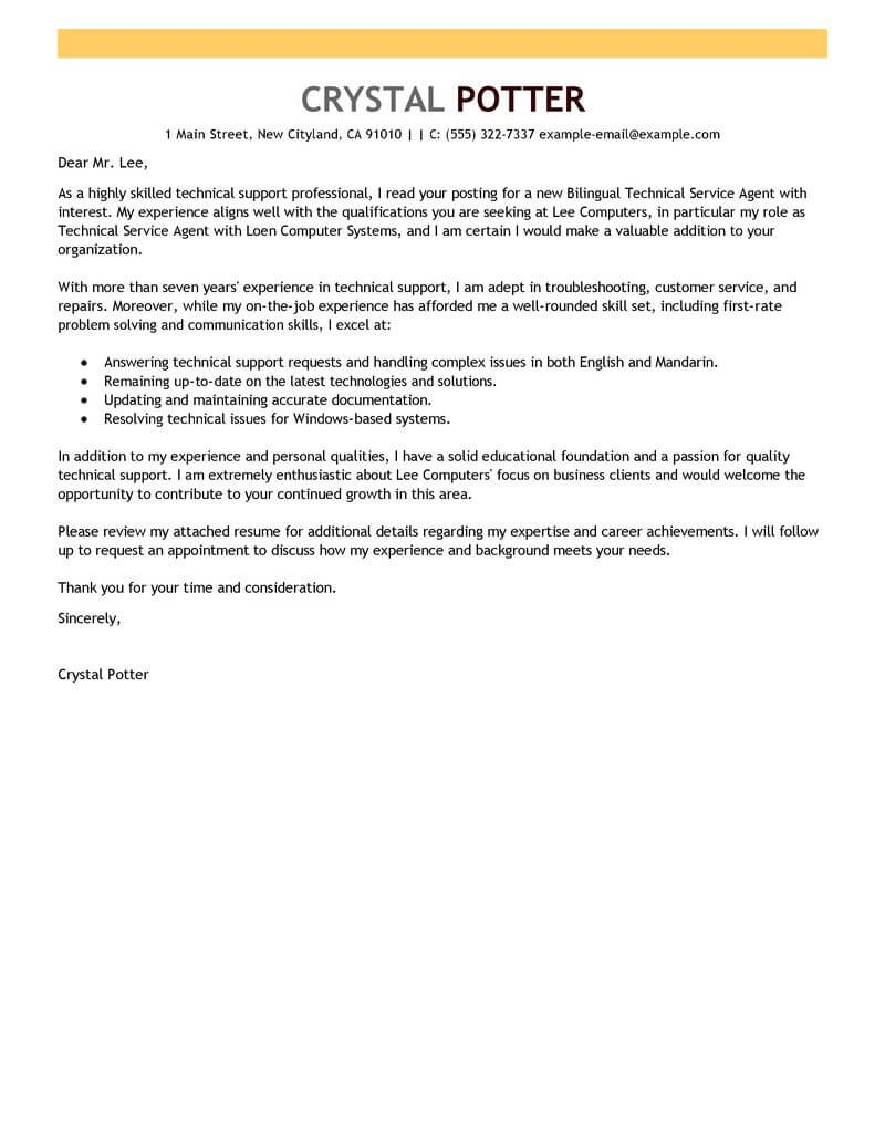 Best Bilingual Technical Service Agent Cover Letter Examples within proportions 800 X 1035