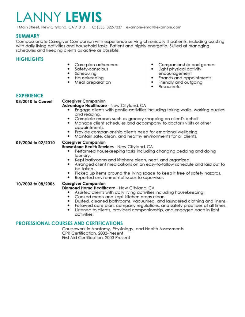 Best Caregivers Companions Resume Example Livecareer with measurements 800 X 1035