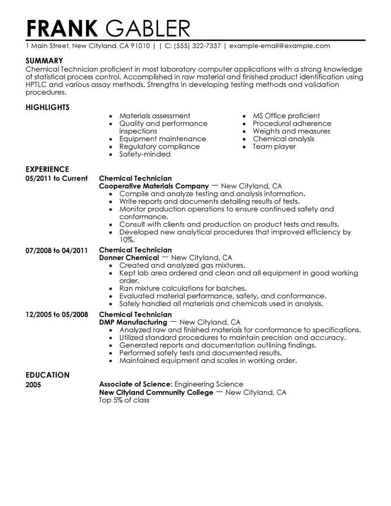 Best Chemical Technicians Resume Example Livecareer intended for proportions 800 X 1035