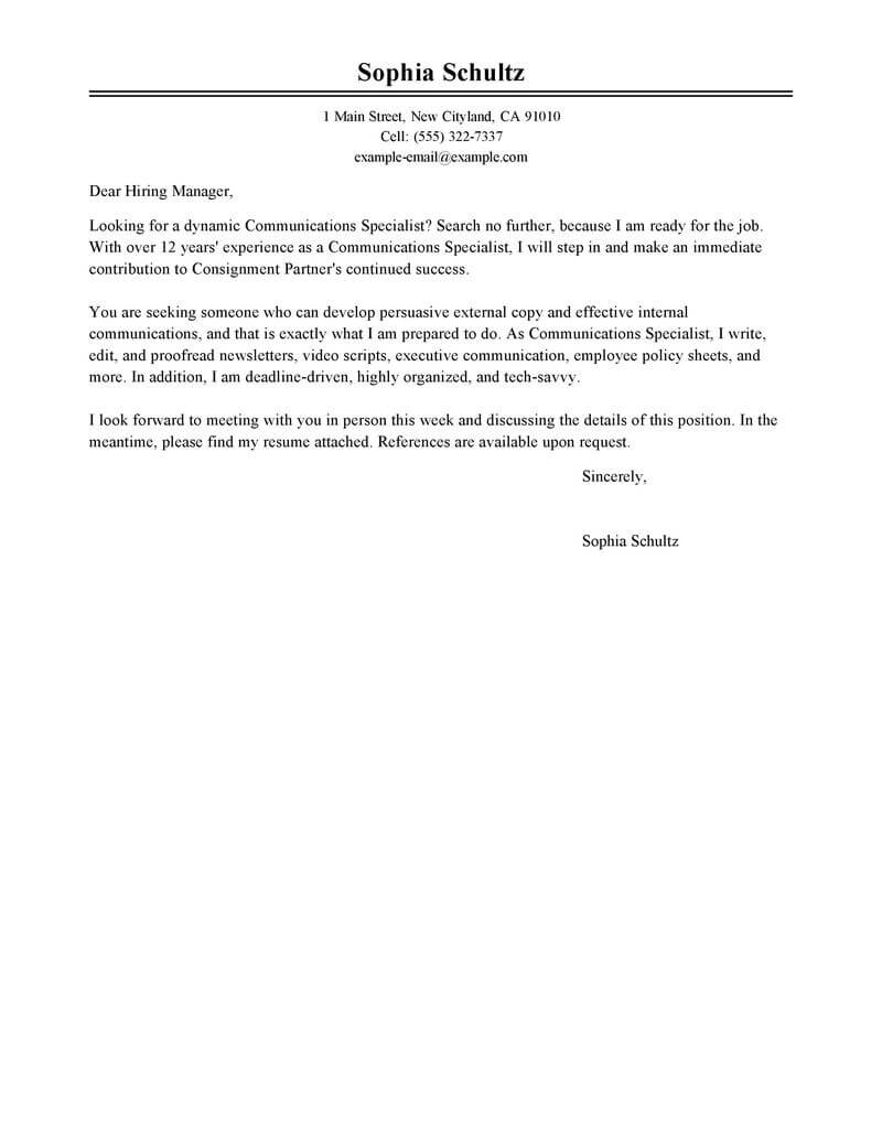 Best Communications Specialist Cover Letter Examples with regard to dimensions 800 X 1035