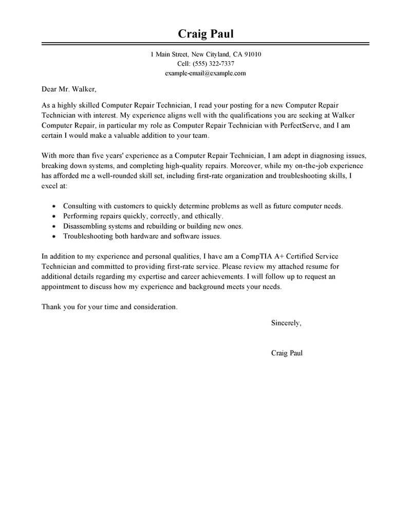 Best Computer Repair Technician Cover Letter Examples for sizing 800 X 1035