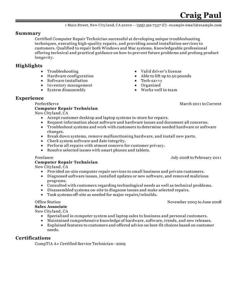 Best Computer Repair Technician Resume Example Livecareer within sizing 800 X 1035