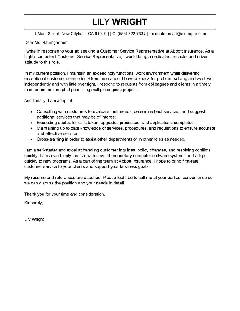 Best Customer Service Representative Cover Letter Examples regarding dimensions 800 X 1035