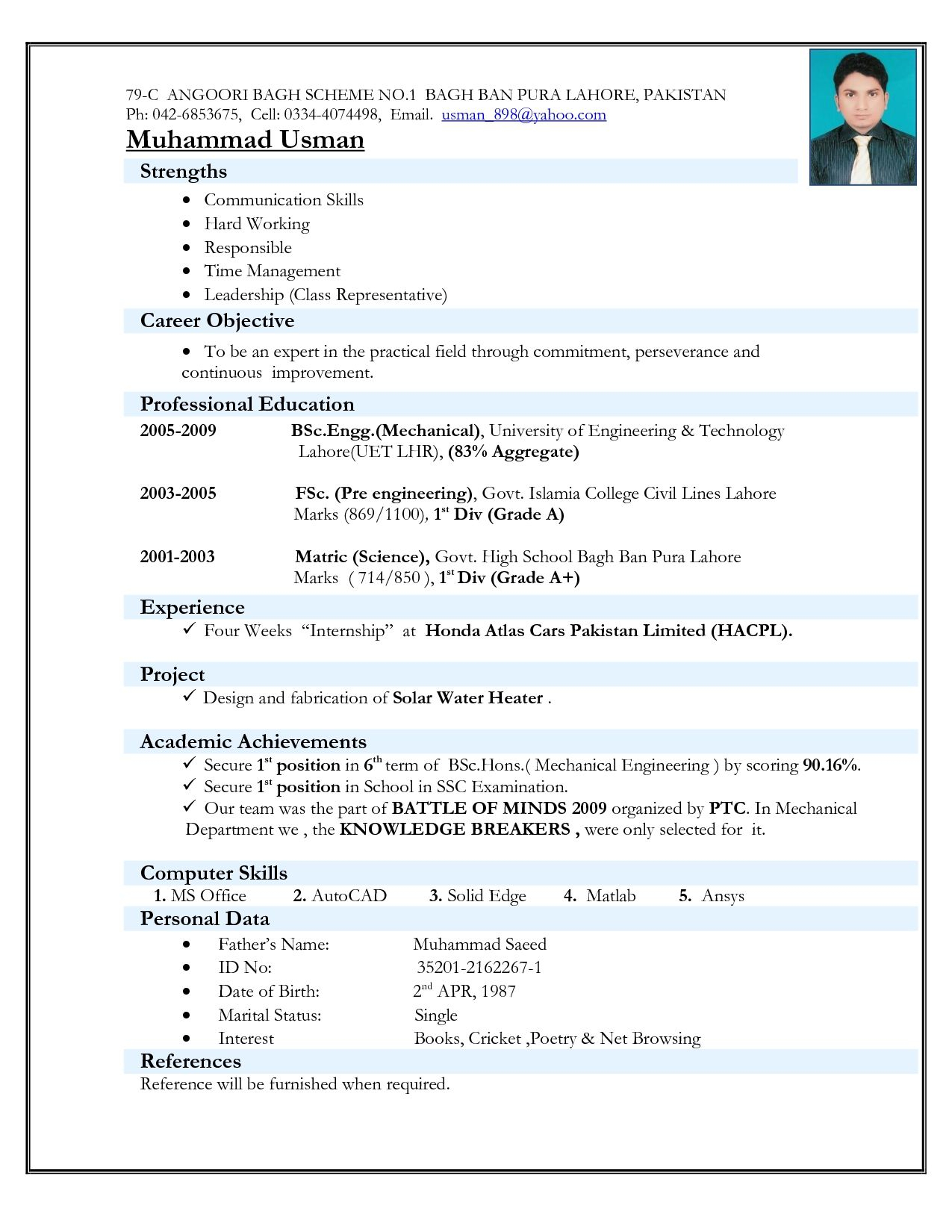 Best Cv Format For Freshers Mechanical Engineers Resume intended for measurements 1275 X 1650