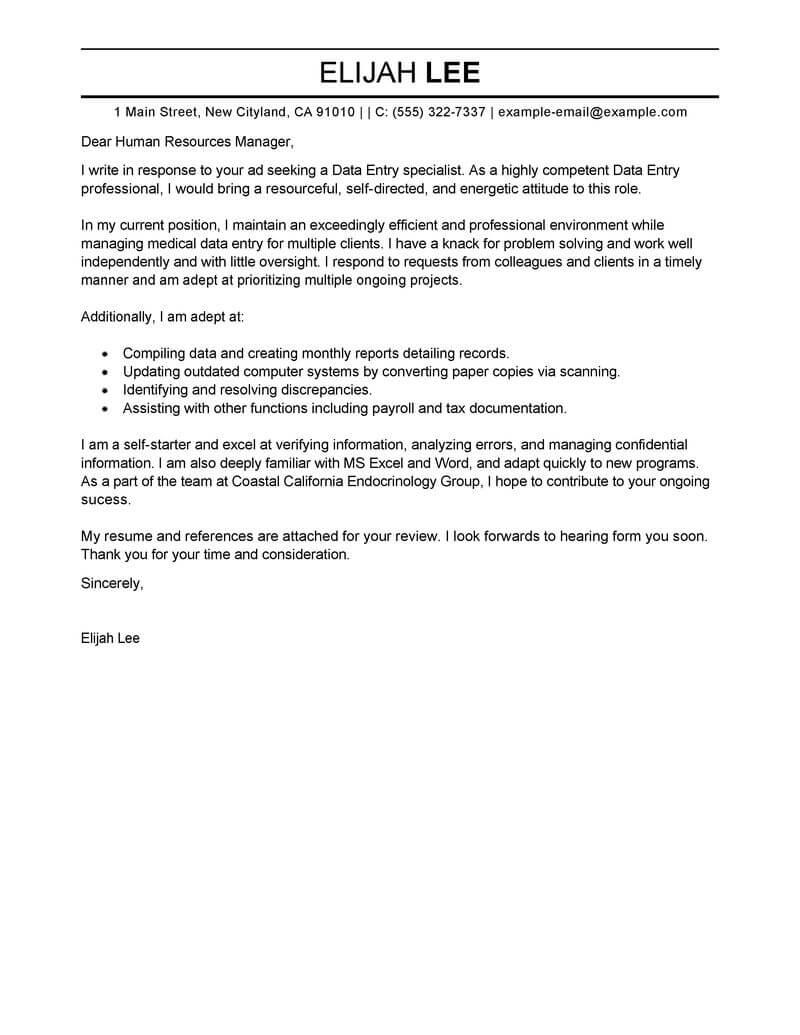Best Data Entry Cover Letter Examples Livecareer within measurements 800 X 1035