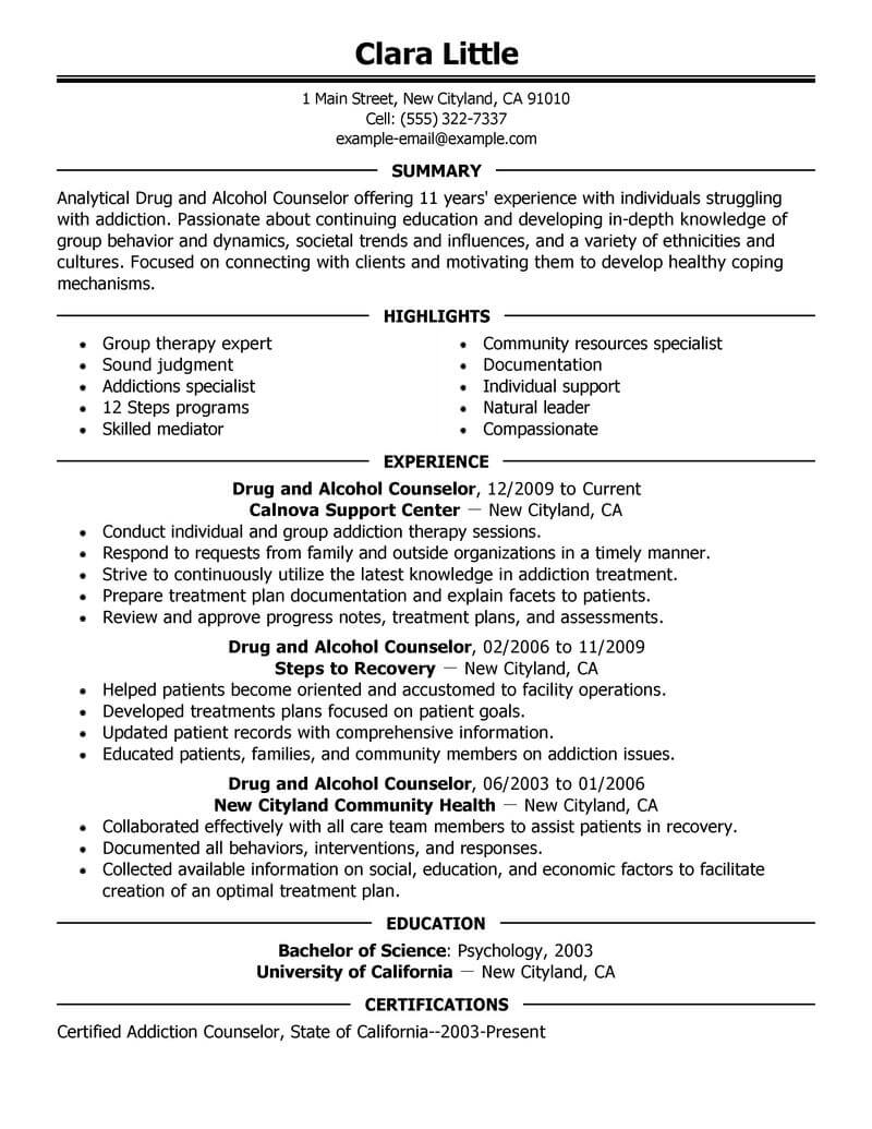 Best Drug And Alcohol Counselor Resume Example Livecareer throughout size 800 X 1035