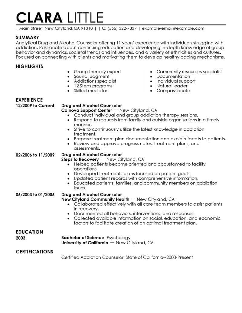 Best Drug And Alcohol Counselor Resume Example Livecareer within measurements 800 X 1035