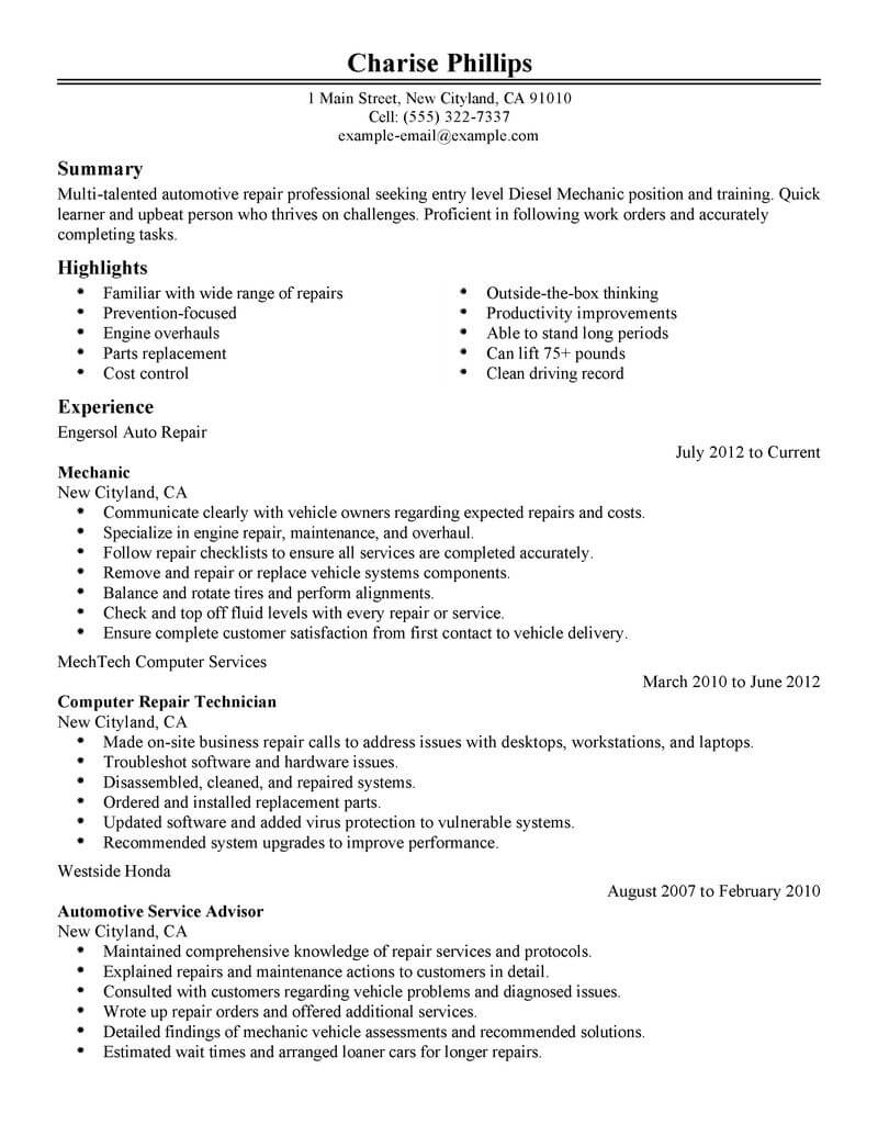 Best Entry Level Mechanic Resume Example Livecareer inside sizing 800 X 1035