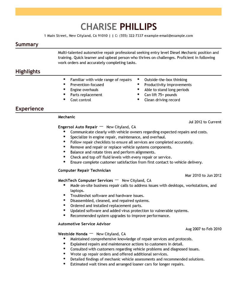 Best Entry Level Mechanic Resume Example Livecareer intended for size 800 X 1035