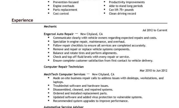 Best Entry Level Mechanic Resume Example Livecareer with regard to measurements 800 X 1035