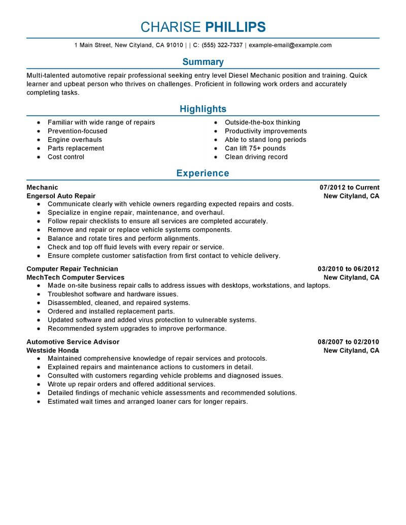 Best Entry Level Mechanic Resume Example Livecareer within dimensions 800 X 1035