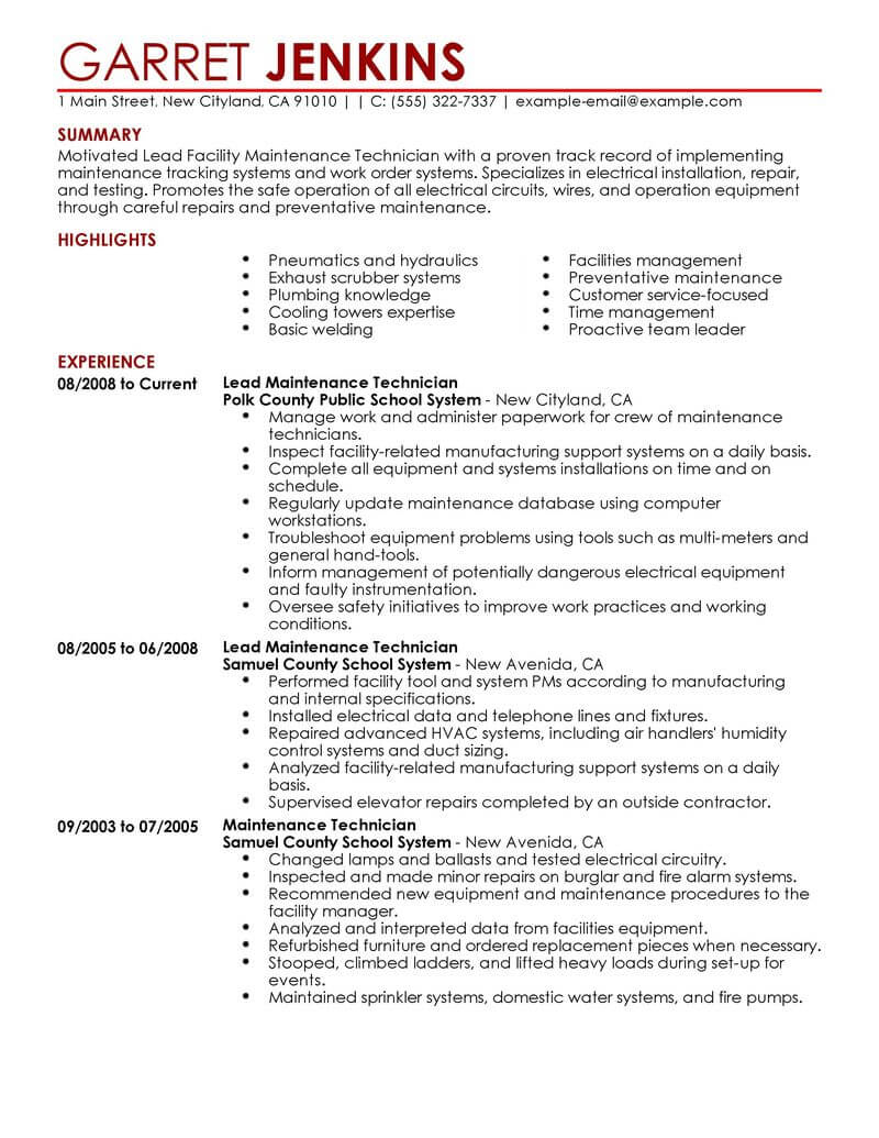 Best Facility Lead Maintenance Resume Example Livecareer for dimensions 800 X 1035