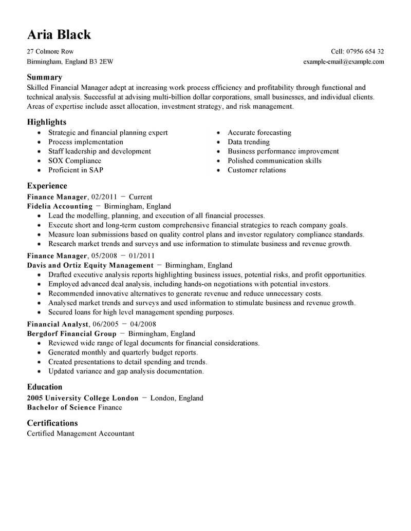 Best Finance Manager Resume Example Livecareer in measurements 800 X 1035